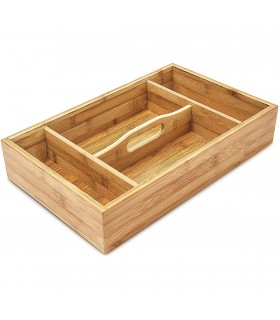 Suport organizare tacamuri pentru sertar bucatarie, 4 compartimente si maner, Bambus