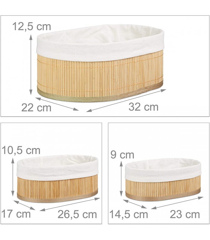Set 3 x Cosuri de depozitare, Oval, Bambus