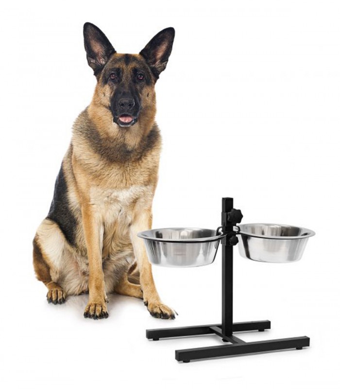 Castron dublu pentru caini, Reglabil pe inaltime 42 cm, Otel, 2 x 2.15 L