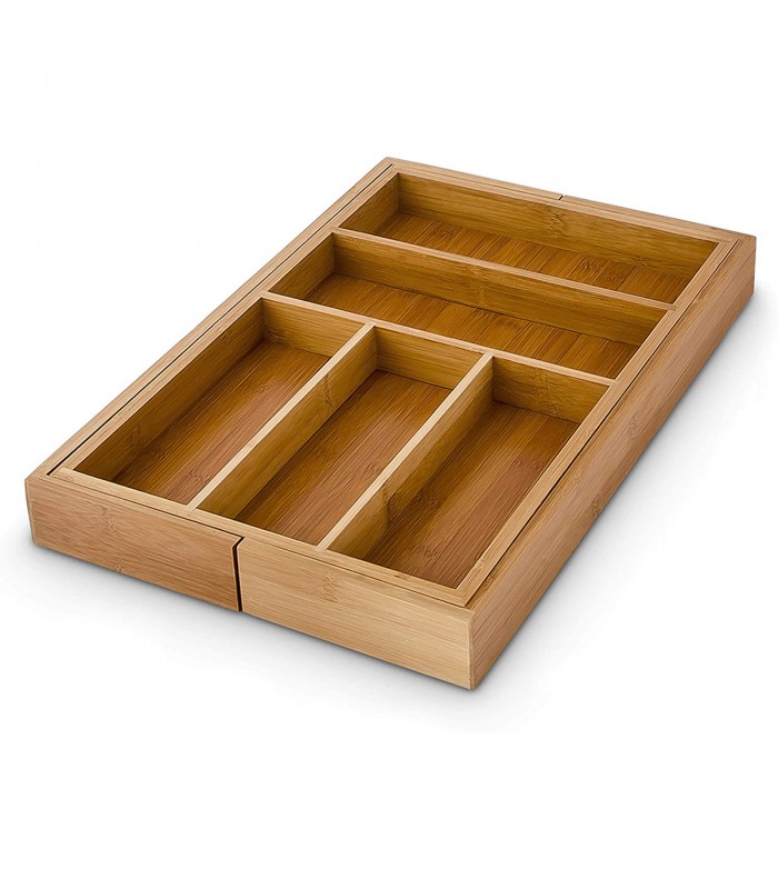 Suport organizare tacamuri pentru sertar bucatarie, Extensibil, 5/7 compartimente, Bambus