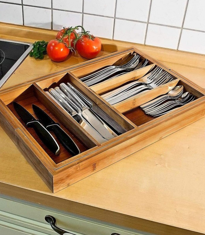 Suport organizare tacamuri pentru sertar bucatarie, Extensibil, 5/7 compartimente, Bambus