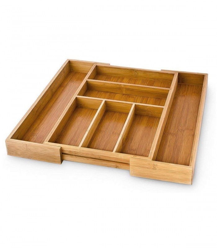 Suport organizare tacamuri pentru sertar bucatarie, Extensibil, 5/7 compartimente, Bambus