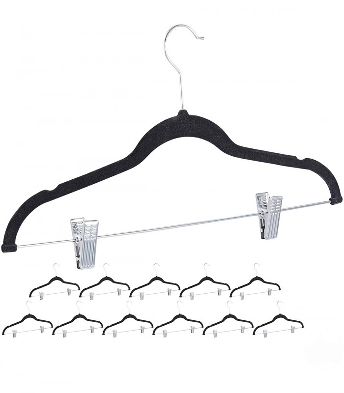 Umerase haine acoperite cu catifea cu cleme, 12 bucati, Negru