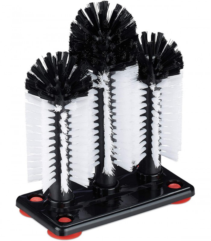 Perie de spalat sticle cu ventuza pentru horeca, petreceri si bar, cu 3 perii, Alb/Negru, 18.5 x 9.5