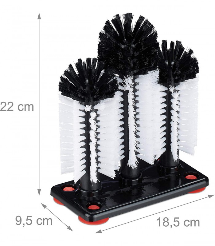 Perie de spalat sticle cu ventuza pentru horeca, petreceri si bar, cu 3 perii, Alb/Negru, 18.5 x 9.5
