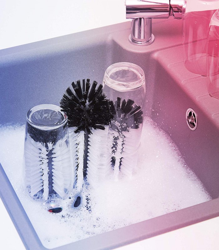 Perie de spalat sticle cu ventuza pentru horeca, petreceri si bar, cu 3 perii, Alb/Negru, 18.5 x 9.5