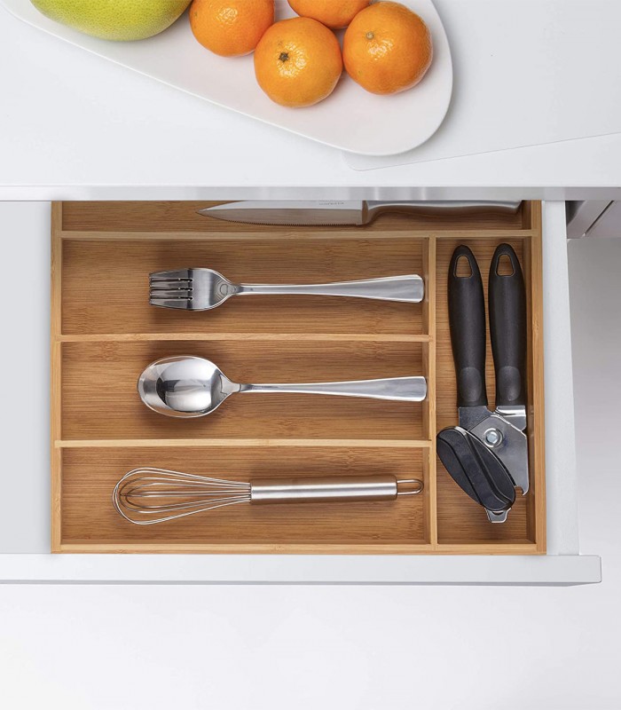 Suport organizare tacamuri pentru sertar bucatarie, 5 compartimente, Bambus, Natur, 30 x 34 x 5 cm