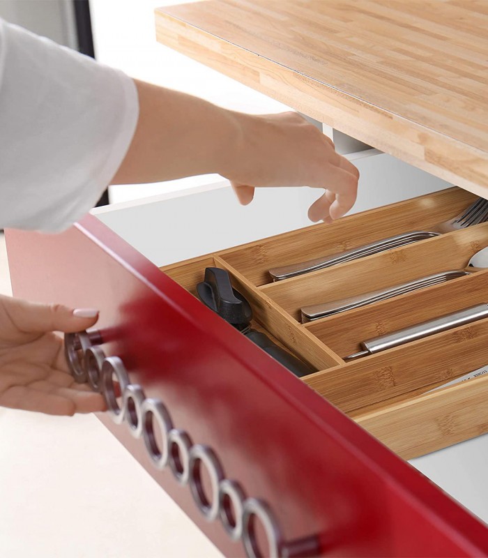 Suport organizare tacamuri pentru sertar bucatarie, 5 compartimente, Bambus, Natur, 30 x 34 x 5 cm