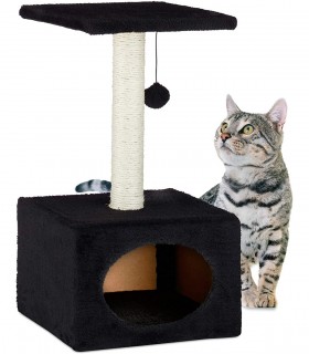 Stalp de zgariat pentru pisici, cu minge de joc si capac de plus, Negru, 31 x 31 x 56 cm