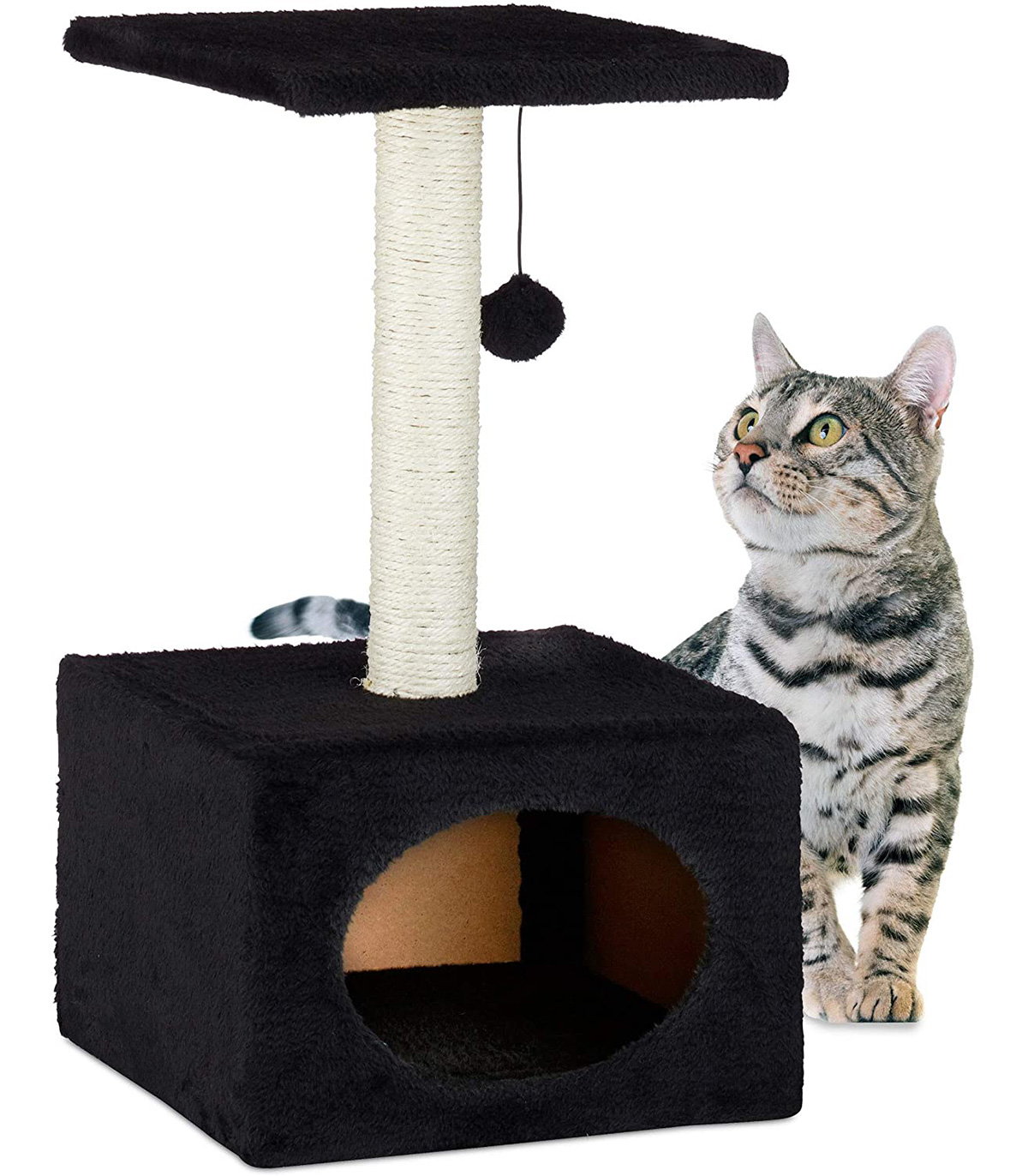 Stalp de zgariat pentru pisici, cu minge de joc si capac de plus, Negru, 31 x 31 x 56 cm familio.ro
