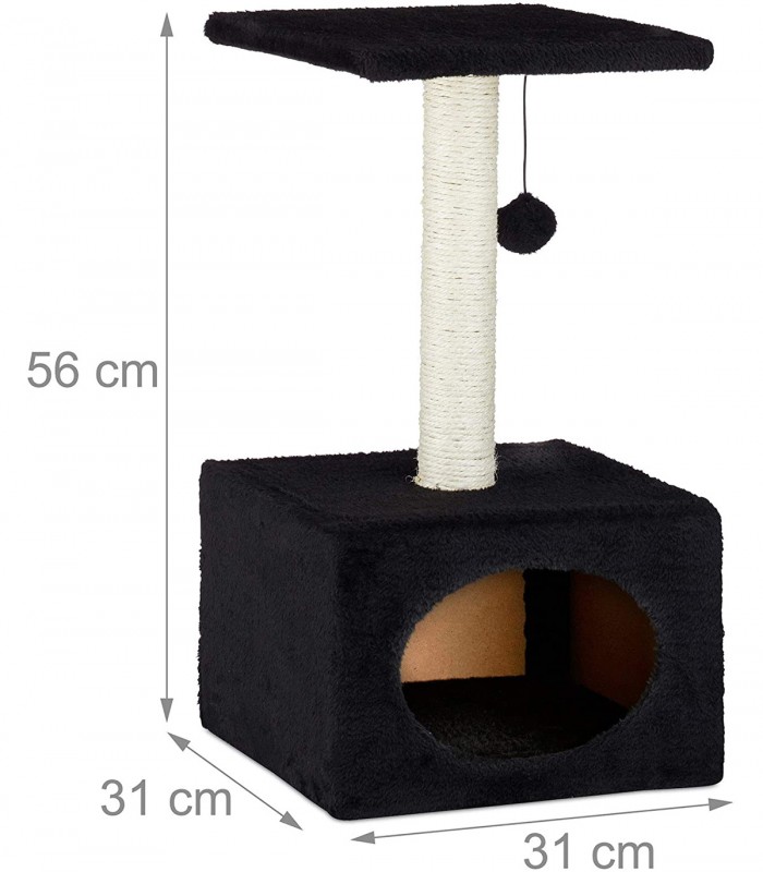 Stalp de zgariat pentru pisici, cu minge de joc si capac de plus, Negru, 31 x 31 x 56 cm