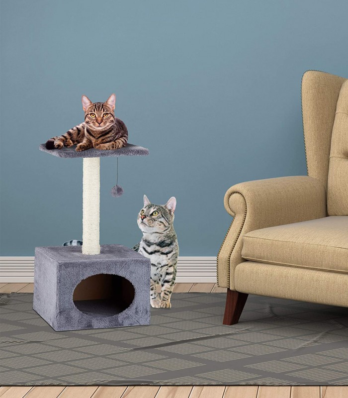 Stalp de zgariat pentru pisici, cu minge de joc si capac de plus, Negru, 31 x 31 x 56 cm