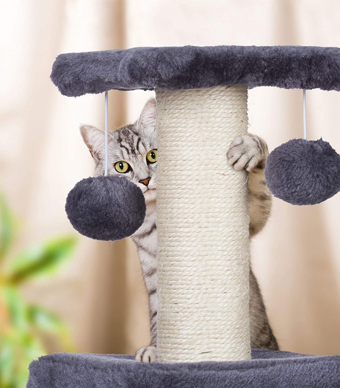 Stalp de zgariat pentru pisici cu trunchi de sisal si jucarii, Turn mic, Gri, 27 x 27 x 42 cm