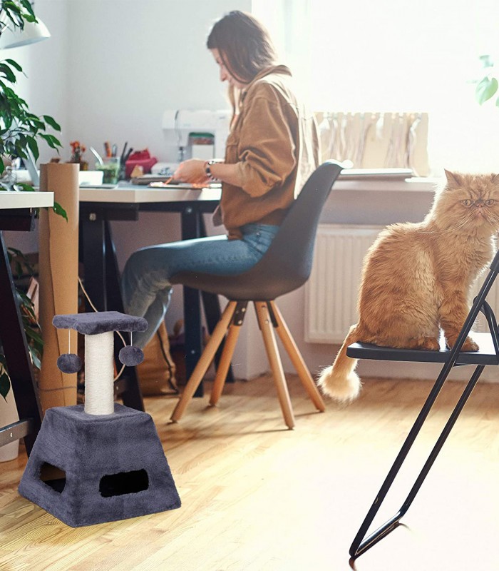 Stalp de zgariat pentru pisici cu trunchi de sisal si jucarii, Turn mic, Gri, 27 x 27 x 42 cm