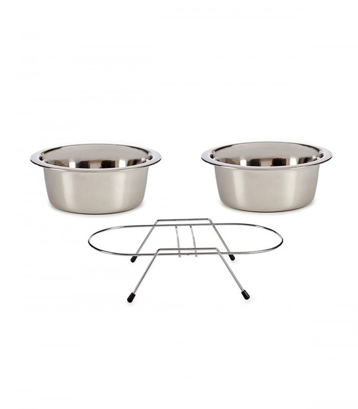 Set 2 boluri pentru animale cu suport, Inox, 800 ml, 34,5 x 16,3 x 8 cm, Argintiu