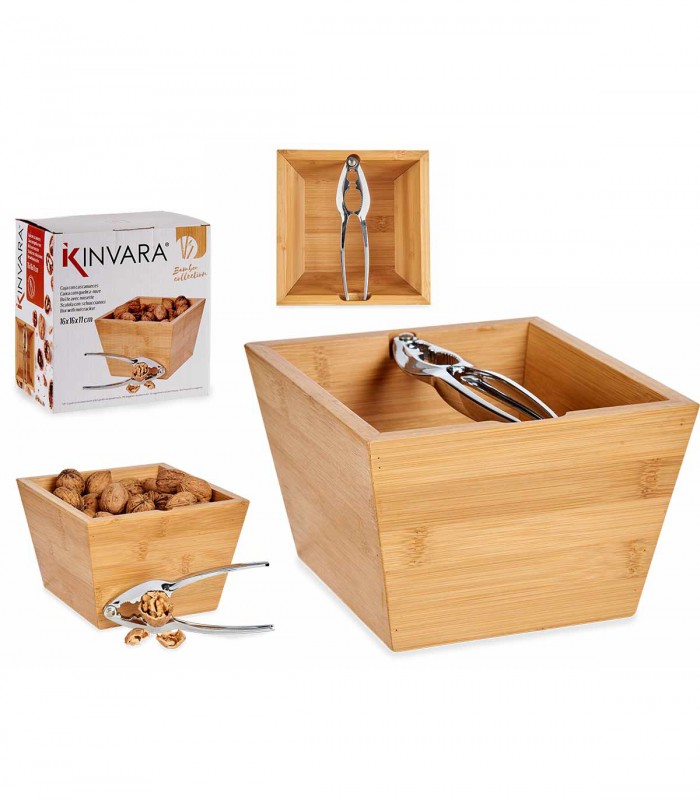 Spargator de nuci/alune cu recipient din bambus, 16 x 16 x 11 cm, Bambus