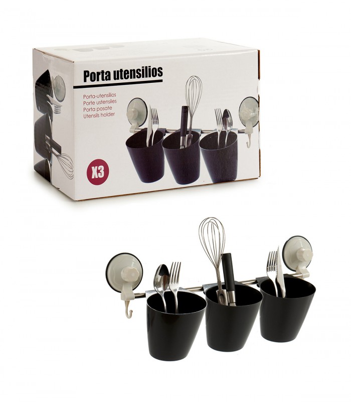 Suport organizare pentru tacamuri si ustensile bucatarie, 3 compartimente, Negru