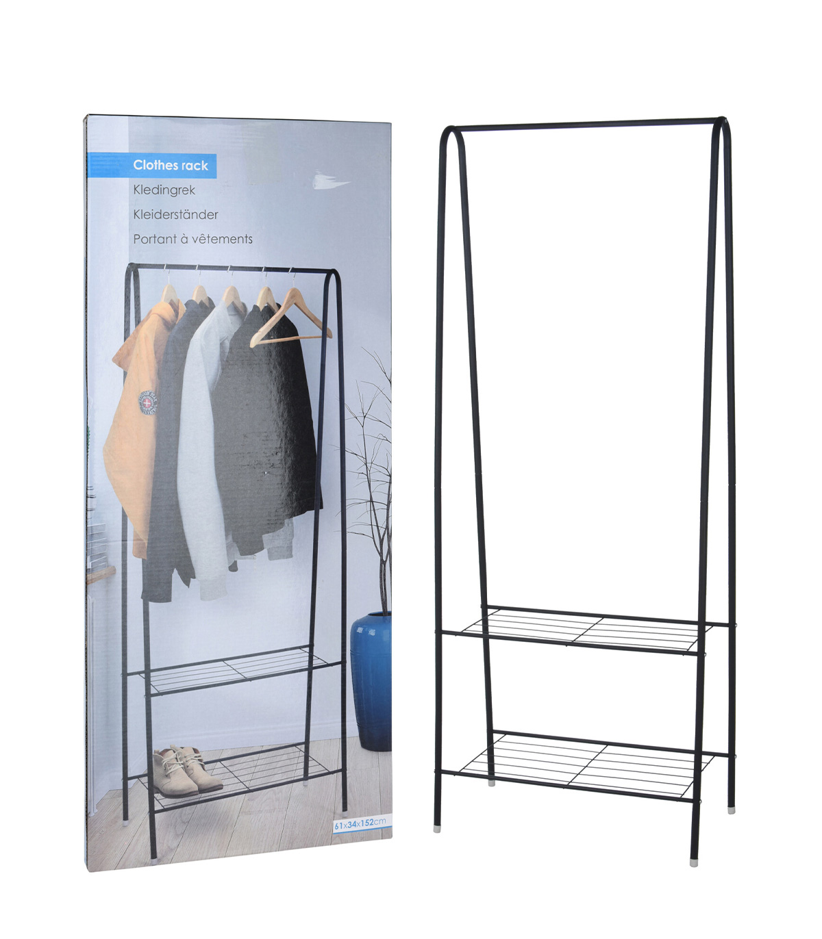 Suport pentru haine cu 2 rafturi , Metal, Negru, 61 x 34 x 152 cm