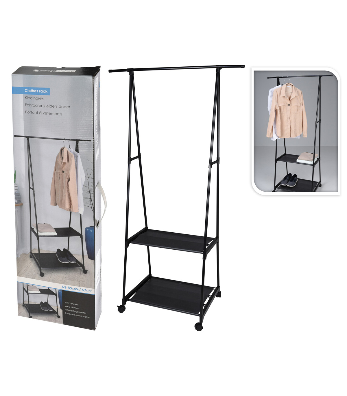 Suport pentru haine cu 2 nivele, mobil, cadru metalic, 85 x 45 x 157 cm, Negru