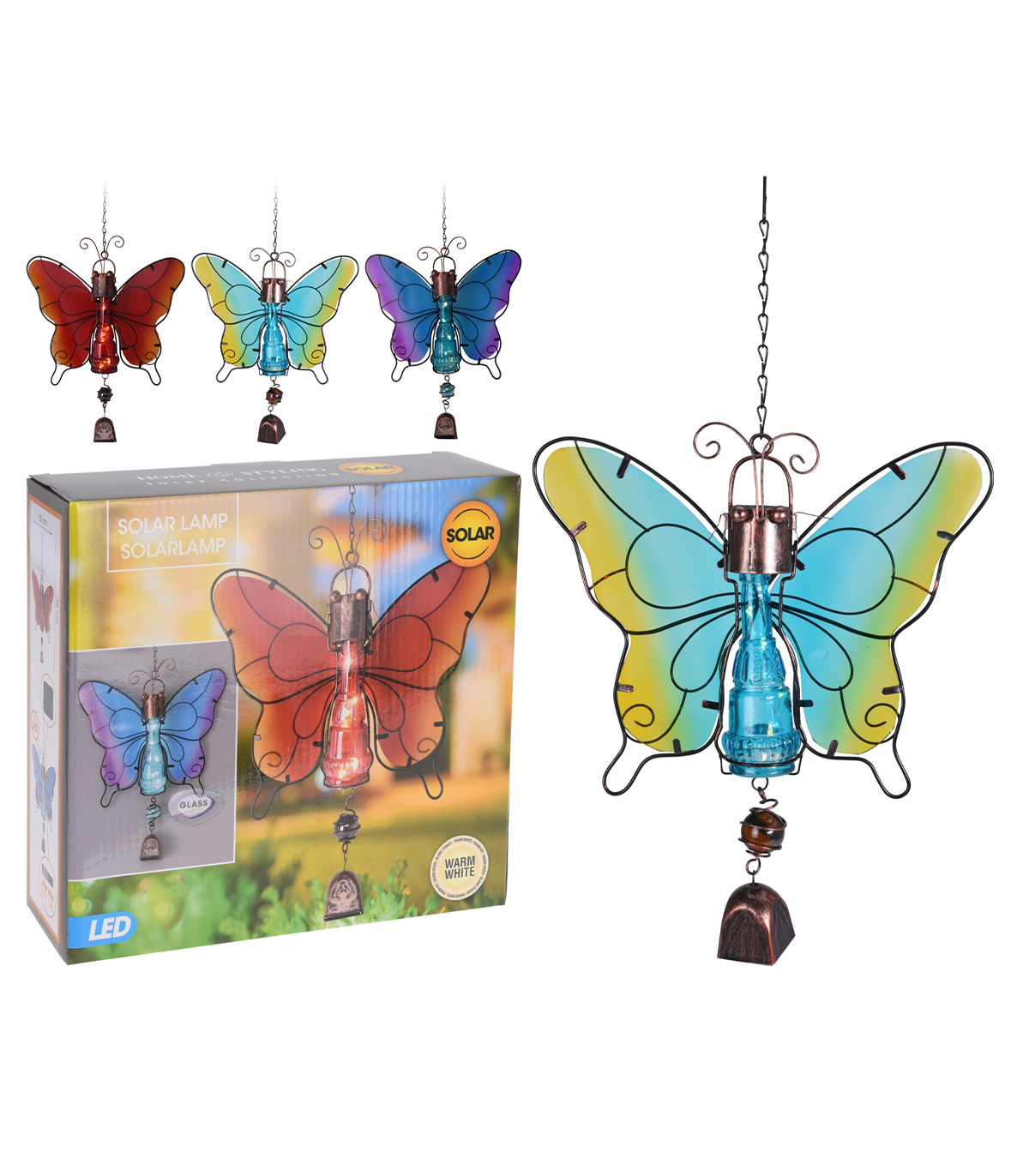 Decoratiune de gradina Butterfly cu lampa solara LED si clopotel, Albastru/Mov Albastru/Mov