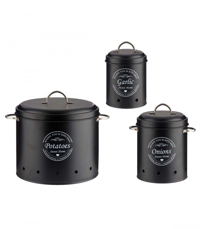 Set 3 recipiente depozitare pentru bucatarie, Metal,  Negru, Capacitate 0.98 l + 2 l + 6 l