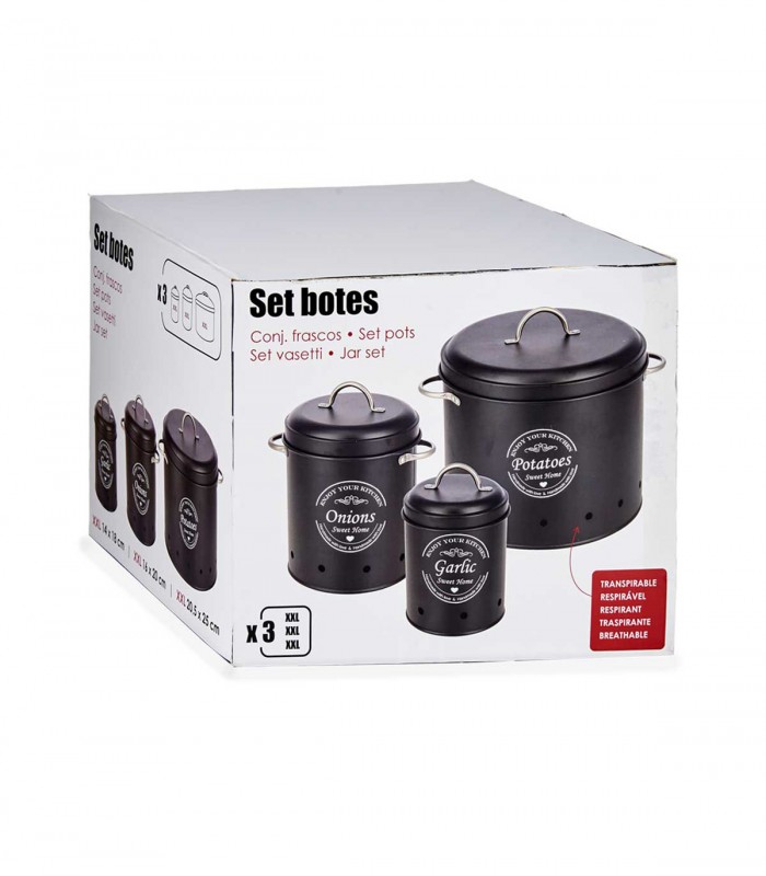 Set 3 recipiente depozitare pentru bucatarie, Metal,  Negru, Capacitate 0.98 l + 2 l + 6 l