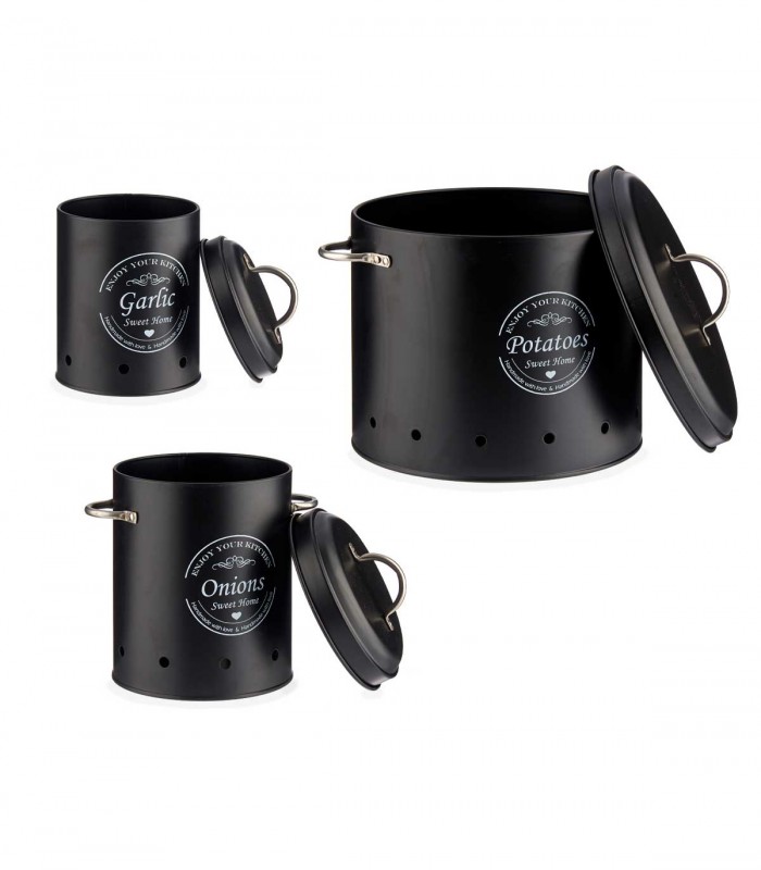 Set 3 recipiente depozitare pentru bucatarie, Metal,  Negru, Capacitate 0.98 l + 2 l + 6 l