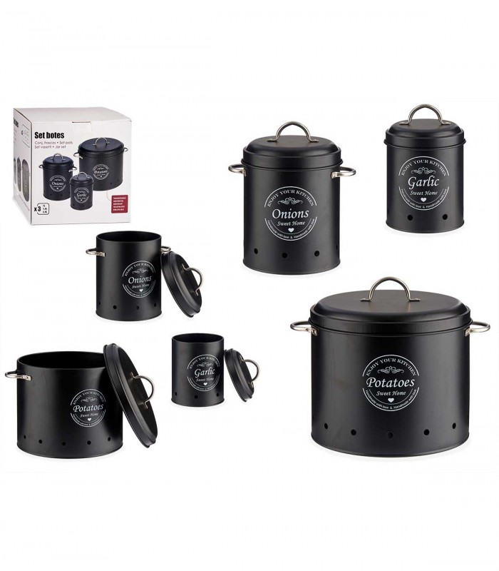 Set 3 recipiente depozitare pentru bucatarie, Metal,  Negru, Capacitate 0.98 l + 2 l + 6 l