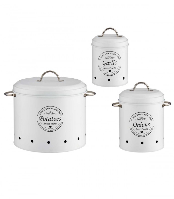 Set 3 recipiente depozitare pentru bucatarie, Metal, Alb, Capacitate 0.98 l + 2 l + 6 l