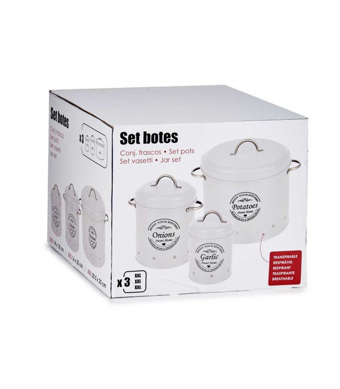 Set 3 recipiente depozitare pentru bucatarie, Metal, Alb, Capacitate 0.98 l + 2 l + 6 l