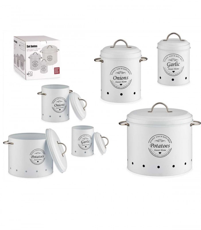 Set 3 recipiente depozitare pentru bucatarie, Metal, Alb, Capacitate 0.98 l + 2 l + 6 l