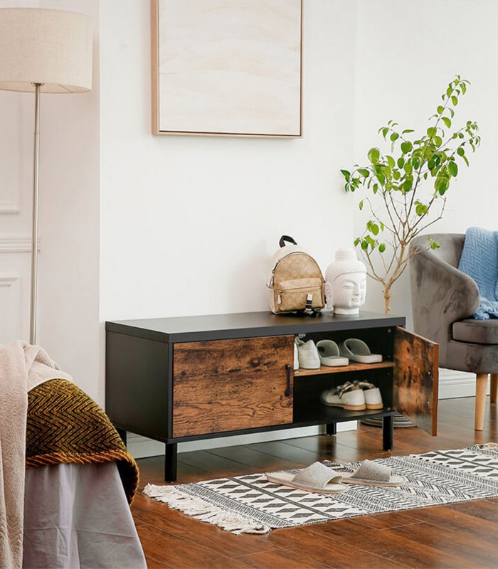 Dulap pantofi cu  doua usi, design industrial, 100 x 35 x 50 cm, Maro/Negru