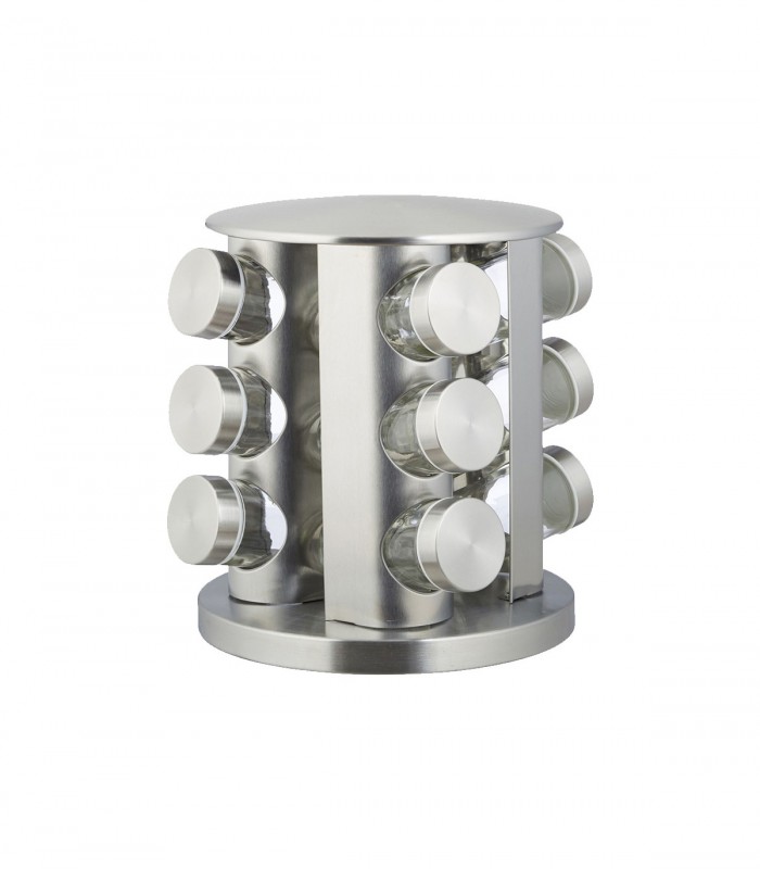 Suport organizator pentru condimente, rotativ, 12 recipiente, circular, diametru 19.5 cm, H 21 cm,  Inox