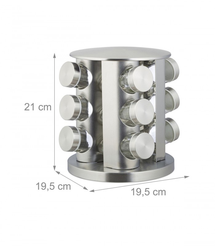 Suport organizator pentru condimente, rotativ, 12 recipiente, circular, diametru 19.5 cm, H 21 cm,  Inox