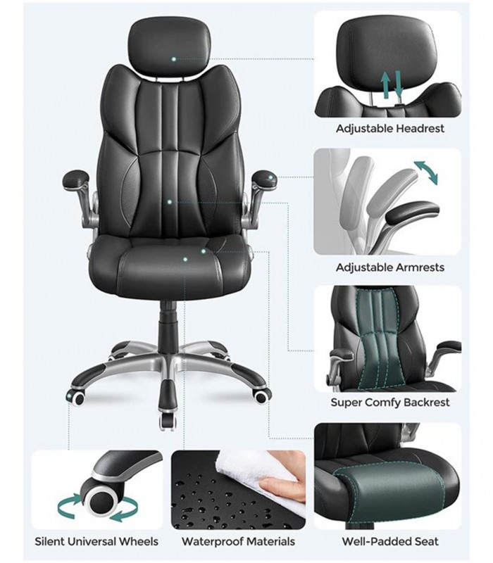 Scaun birou directorial, brate si tetiera reglabile, spatar ergonomic, piele ecologica, Negru