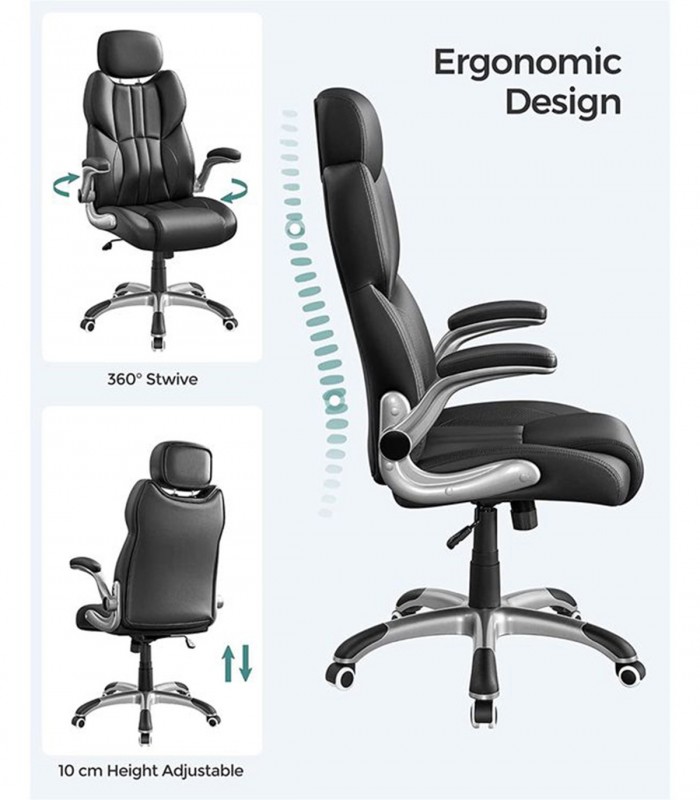 Scaun birou directorial, brate si tetiera reglabile, spatar ergonomic, piele ecologica, Negru