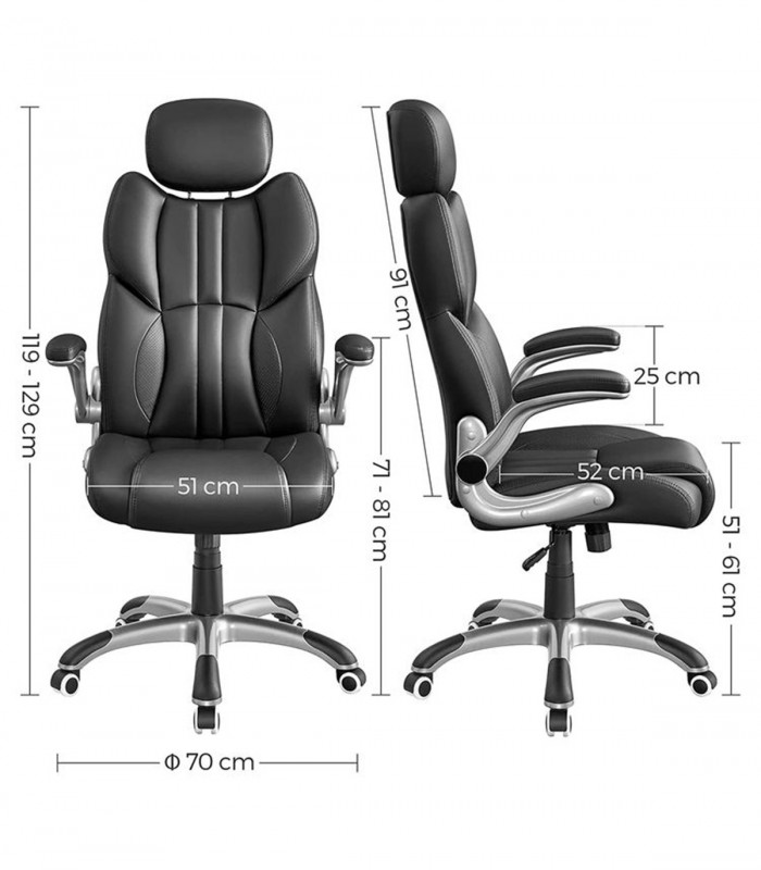 Scaun birou directorial, brate si tetiera reglabile, spatar ergonomic, piele ecologica, Negru