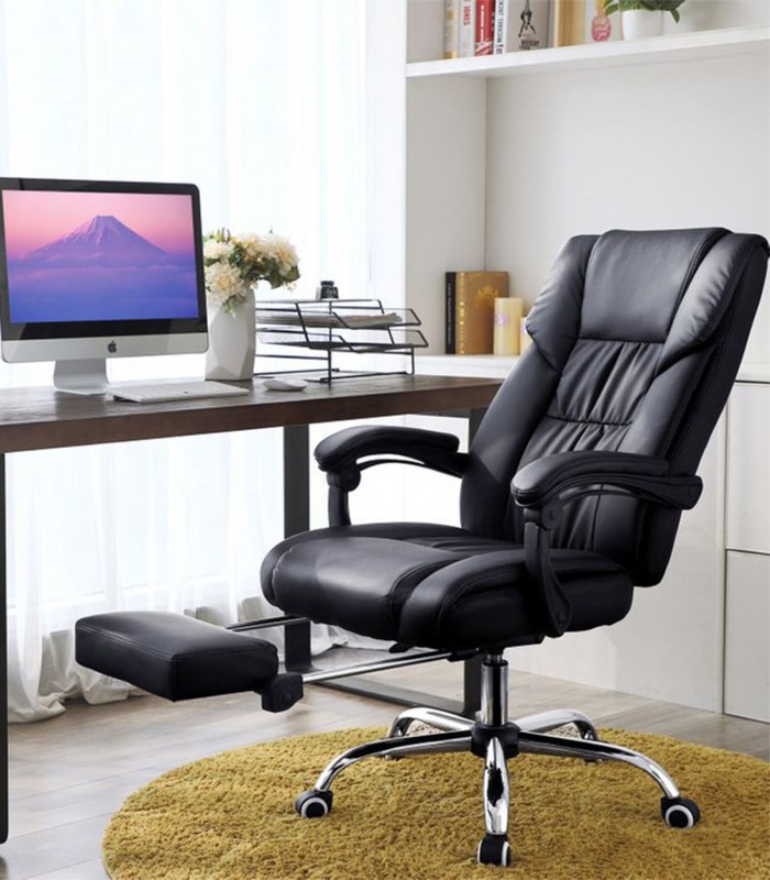 Scaun de birou directorial, reglabil, suport pentru picioare, perna lombara, piele ecologica, Negru