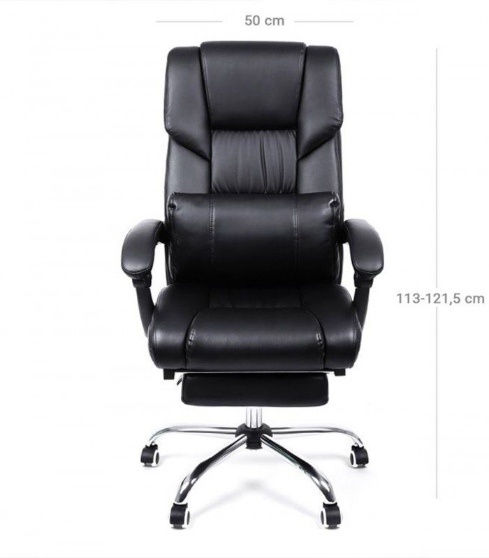 Scaun de birou directorial, reglabil, suport pentru picioare, perna lombara, piele ecologica, Negru