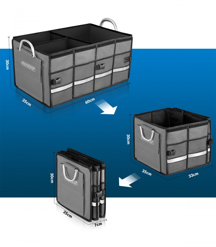 Cutie organizare portbagaj, impermeabila, pliabila,  3 compartimente, buzunare exterioare,  63 l, 60 x 35 x 30 cm, Gri
