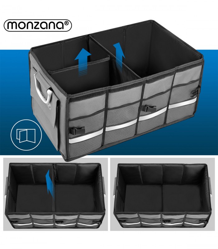 Cutie organizare portbagaj, impermeabila, pliabila,  3 compartimente, buzunare exterioare,  63 l, 60 x 35 x 30 cm, Gri