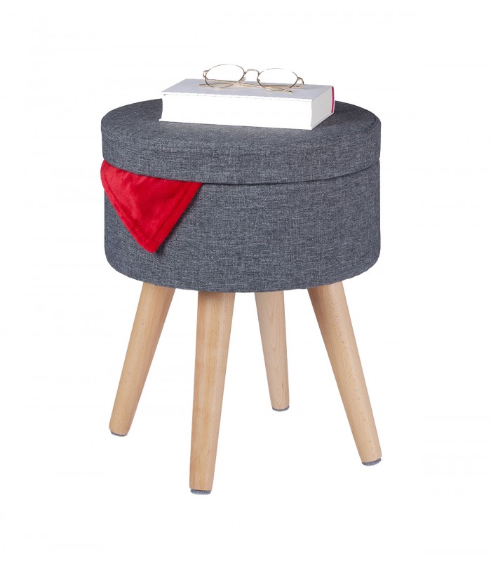 Taburet rotund  tapitat  cu  spatiu  depozitare,  picioare lemn masiv,  45.5 cm, Gri inchis