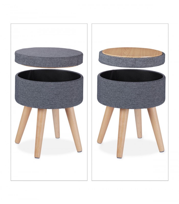 Taburet rotund  tapitat  cu  spatiu  depozitare,  picioare lemn masiv,  45.5 cm, Gri inchis