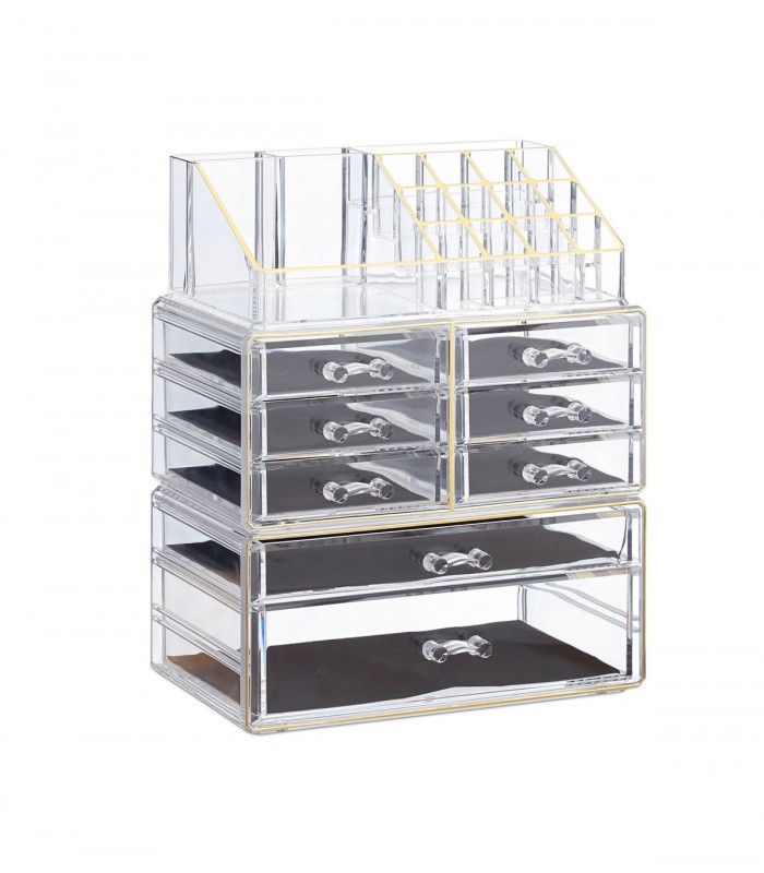 Organizator produse cosmetica, 8 sertare,  suport pentru pensule, creioane si rujuri, Transparent /Auriu, Acril