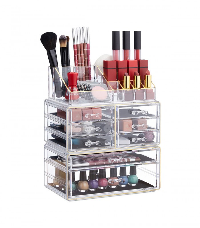 Organizator produse cosmetica, 8 sertare,  suport pentru pensule, creioane si rujuri, Transparent /Auriu, Acril
