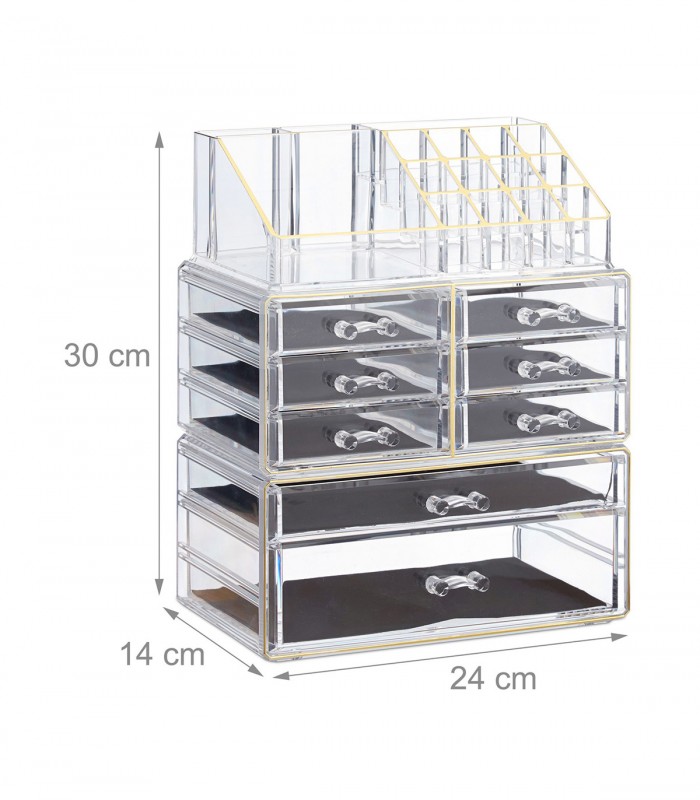 Organizator produse cosmetica, 8 sertare,  suport pentru pensule, creioane si rujuri, Transparent /Auriu, Acril
