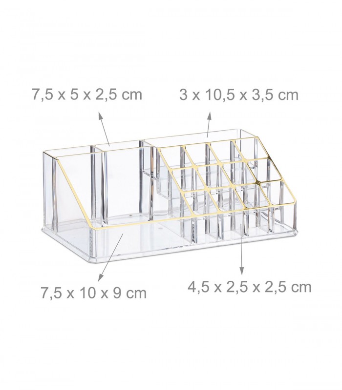 Organizator produse cosmetica, 8 sertare,  suport pentru pensule, creioane si rujuri, Transparent /Auriu, Acril