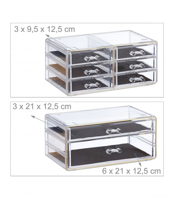 Organizator produse cosmetica, 8 sertare,  suport pentru pensule, creioane si rujuri, Transparent /Auriu, Acril