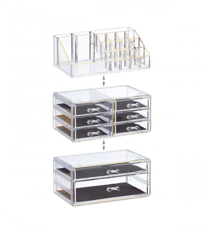 Organizator produse cosmetica, 8 sertare,  suport pentru pensule, creioane si rujuri, Transparent /Auriu, Acril