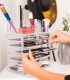 Organizator produse cosmetica, 8 sertare,  suport pentru pensule, creioane si rujuri, Transparent /Auriu, Acril